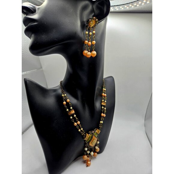 Vintage Enamel Brass Necklace & Earring Set  Rhinestone & Faux Pearl Dangles - Picture 1 of 8